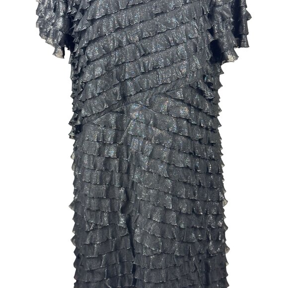 Notations Black Ruffle Sparkle L Dress Short Sleeve Shimmer Party Cocktail - Picture 4 of 13